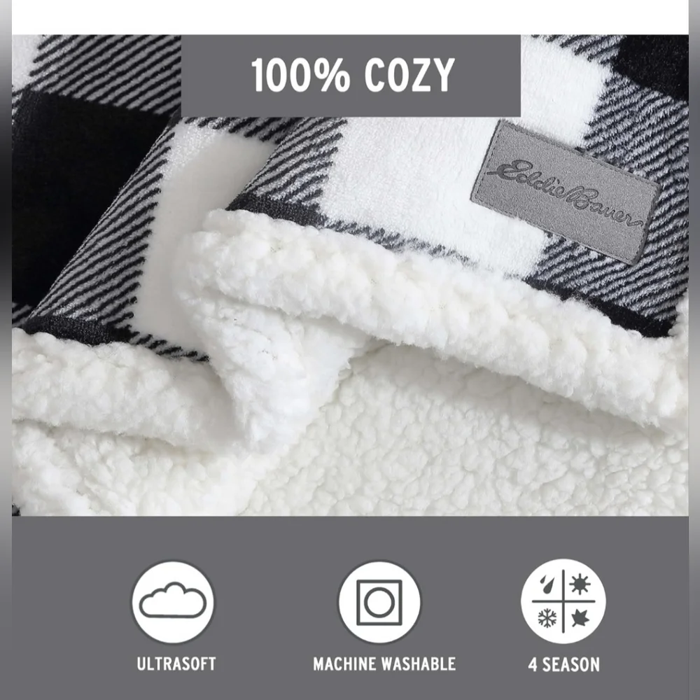 Eddie Bauer Cabin Plaid Black Fleece And Sherpa Throw/Blanket 50